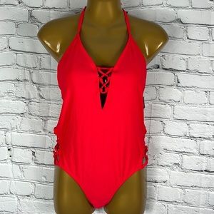 NEW Express halter bathing suit corset ties coral size medium